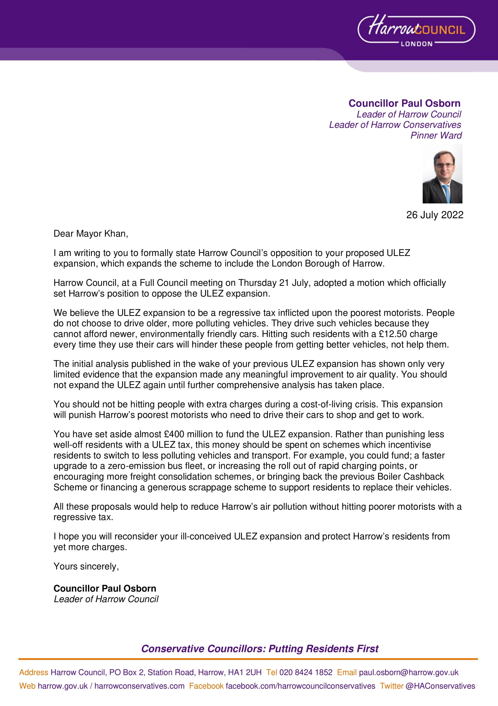 Cllr Paul Osborn's letter to Mayor of London Sadiq Khan