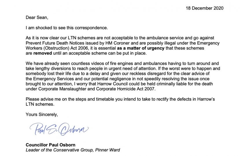 Cllr Paul Osborn's letter to Harrow Council calling for the immediate removal of LTNs