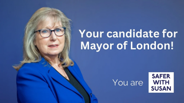 Picture of Susan Hall with text which reads: Your candidate for Mayor of London. You are safer with Susan